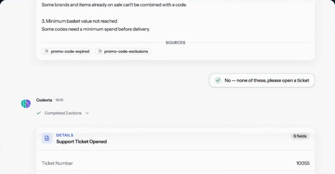 Codexta answering why a promo code was rejected, listing sources and opening a support ticket