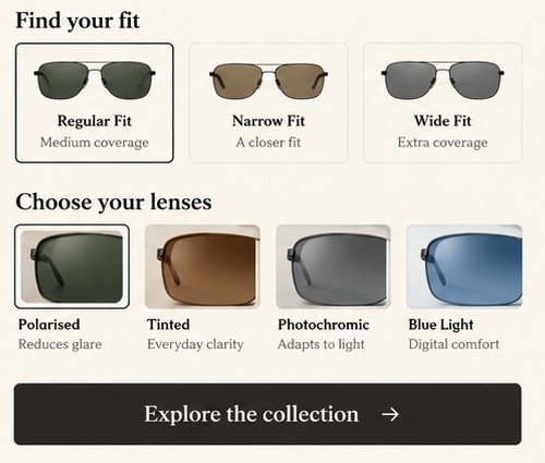Close-up of the Find your fit and Choose your lenses pickers