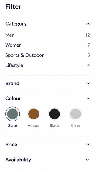 Close-up of category counts and colour swatch filters