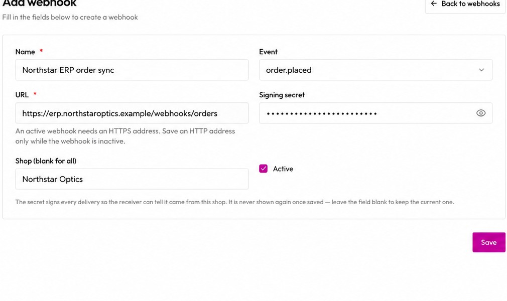 Close-up of the add webhook form with an order placed event and signing secret