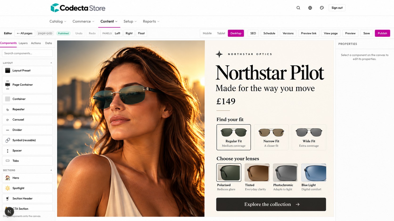 Storefront Studio visual editor showing a Northstar Pilot sunglasses product page with fit and lens pickers