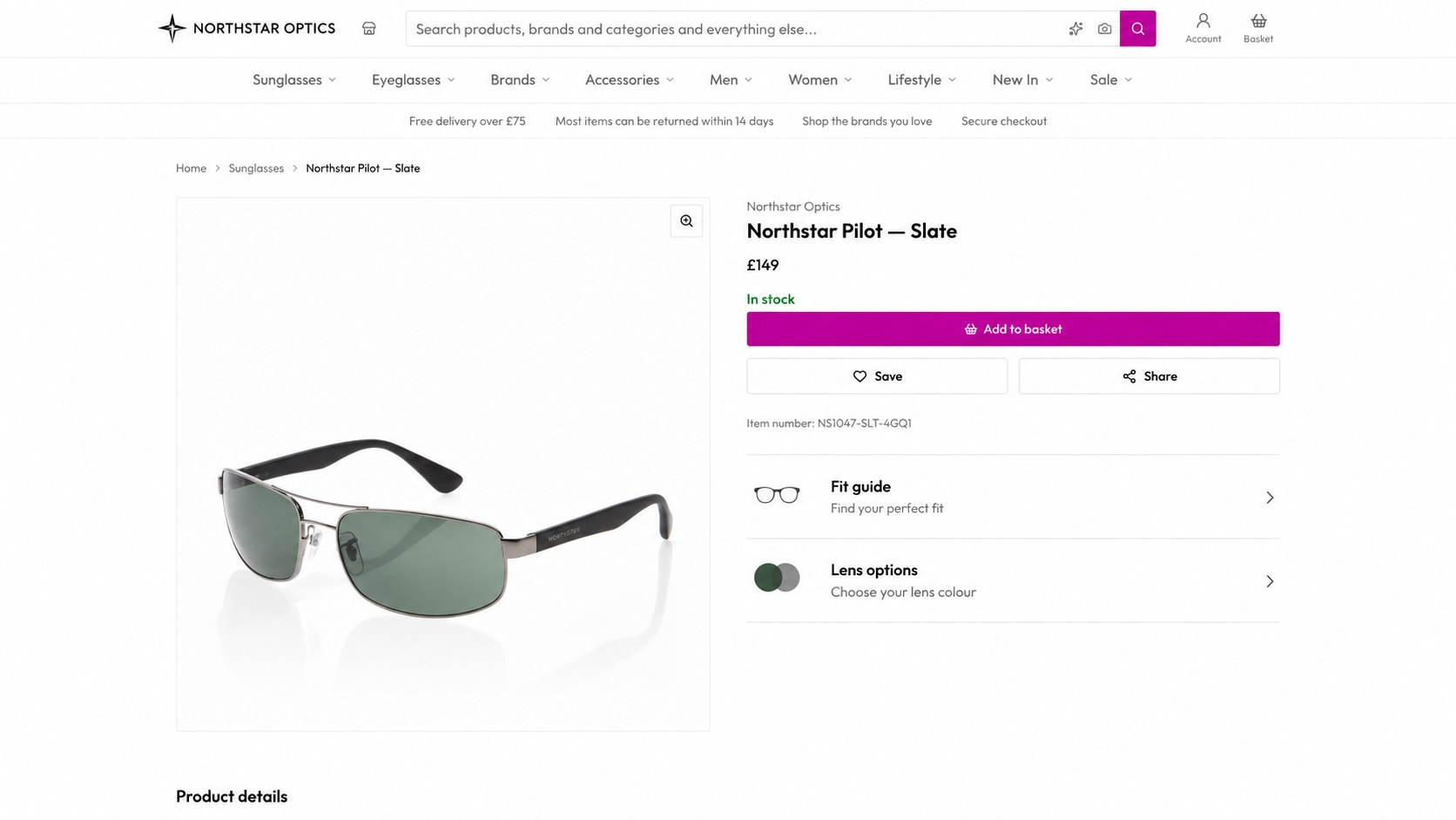 Storefront product page for Northstar Pilot sunglasses with fit guide and lens options