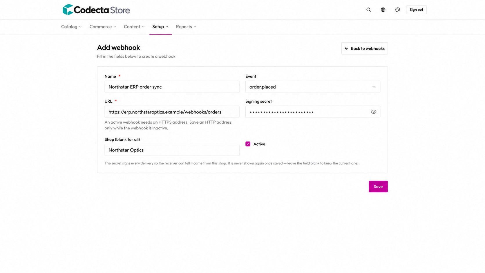 Add webhook form for an ERP order sync on the order placed event with a signing secret