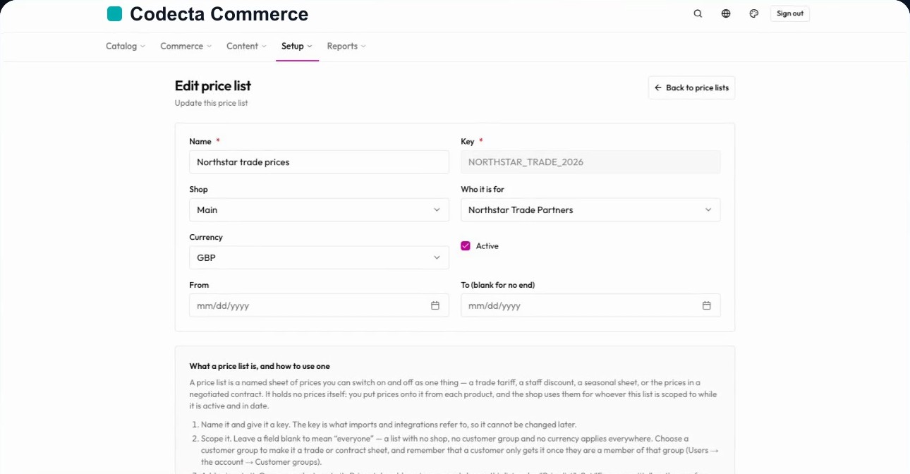 Edit price list screen for Northstar trade prices scoped to a trade partners customer group