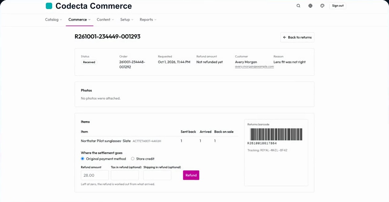 Returns desk with a settlement choice of original payment method or store credit